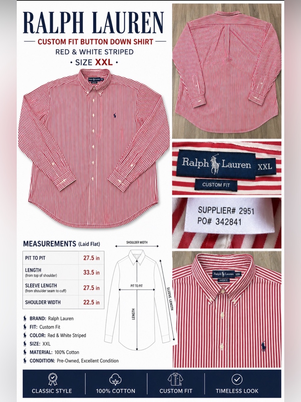 Ralph Lauren Red & White Striped Button-Down Shirt XXL